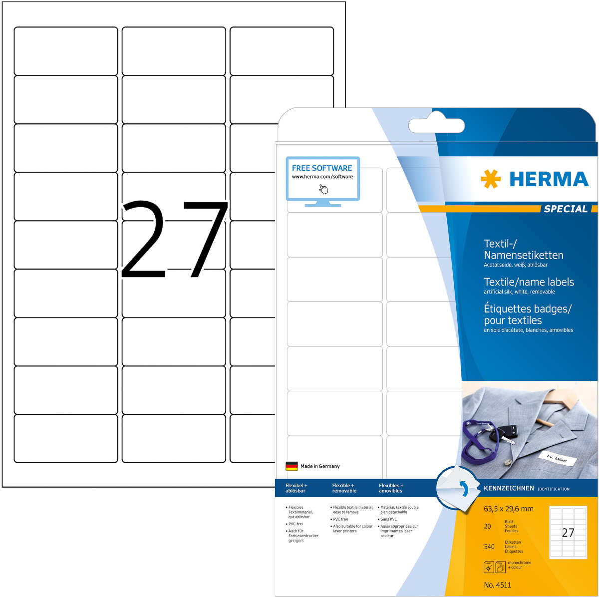 A4 naametiketten textiel 63,5x29,6mm wit 20 vel Herma 4511